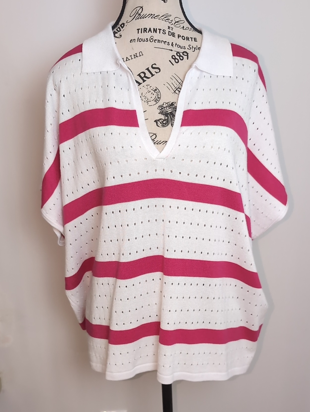 CYRUS | Women's Pink/White Striped V-Neck Open Knit Shirt Sleeved Sweater
